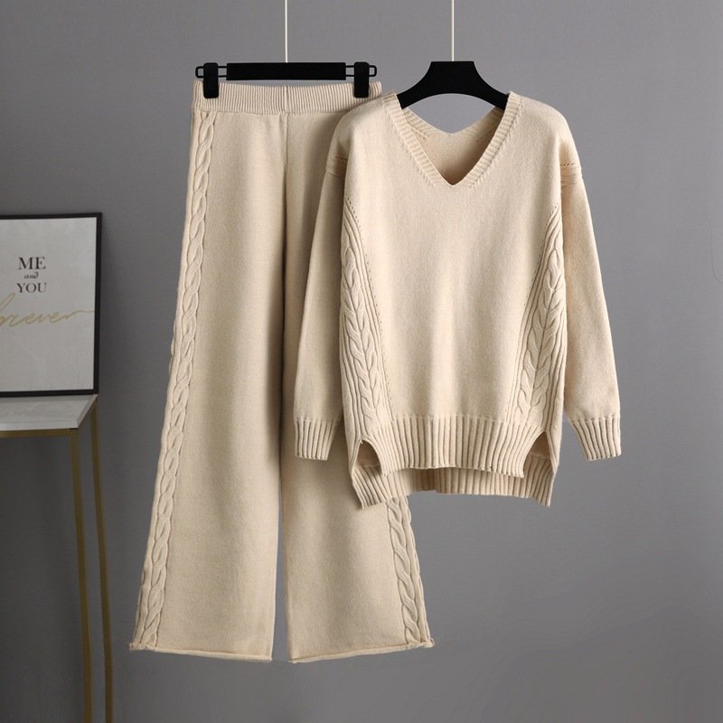 OEM Custom Winter Loose Long Sleeve Sweater Top Wide Leg Pants Ladies Women Two Piece Knit Set