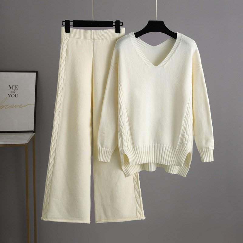 OEM Custom Winter Loose Long Sleeve Sweater Top Wide Leg Pants Ladies Women Two Piece Knit Set