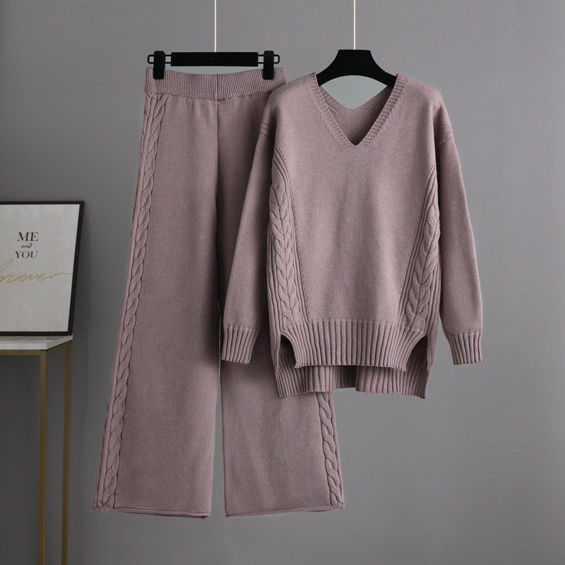 OEM Custom Winter Loose Long Sleeve Sweater Top Wide Leg Pants Ladies Women Two Piece Knit Set