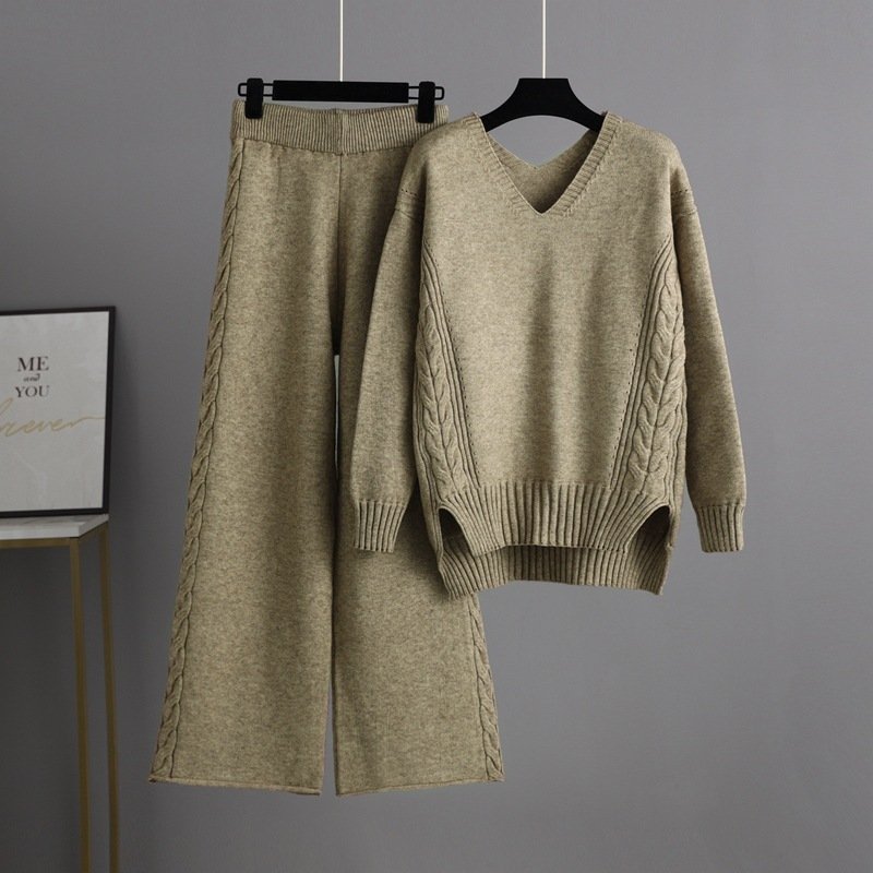 OEM Custom Winter Loose Long Sleeve Sweater Top Wide Leg Pants Ladies Women Two Piece Knit Set