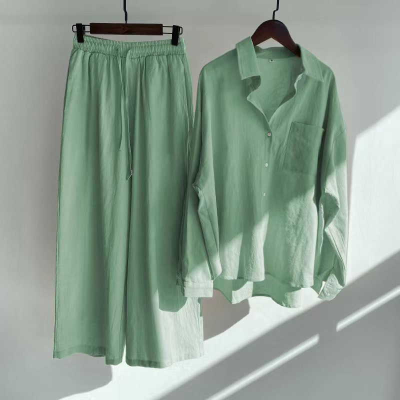 Spring fall ladies pants 2 piece retro plus size women clothing high waist loose trousers cotton linen shirt women's sets