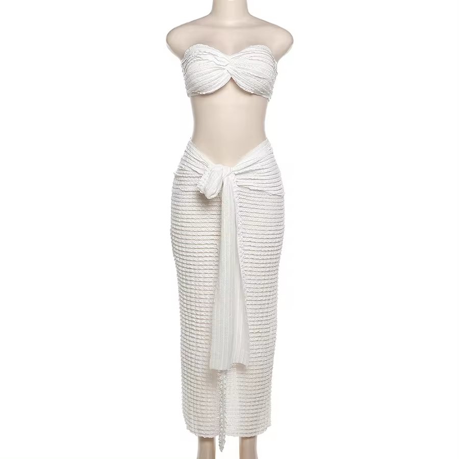 Kliou K23S37039 New arrivals 2 piece set women tube top maxi skirt women's sets solid outfit