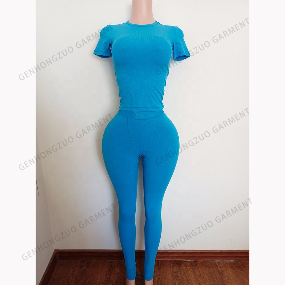 Custom Spring Summer Clothes For Women Two Pieces Sets Cotton Ribbed Women Shirts And Shorts Lounge Wear Set 2024 Women's Sets