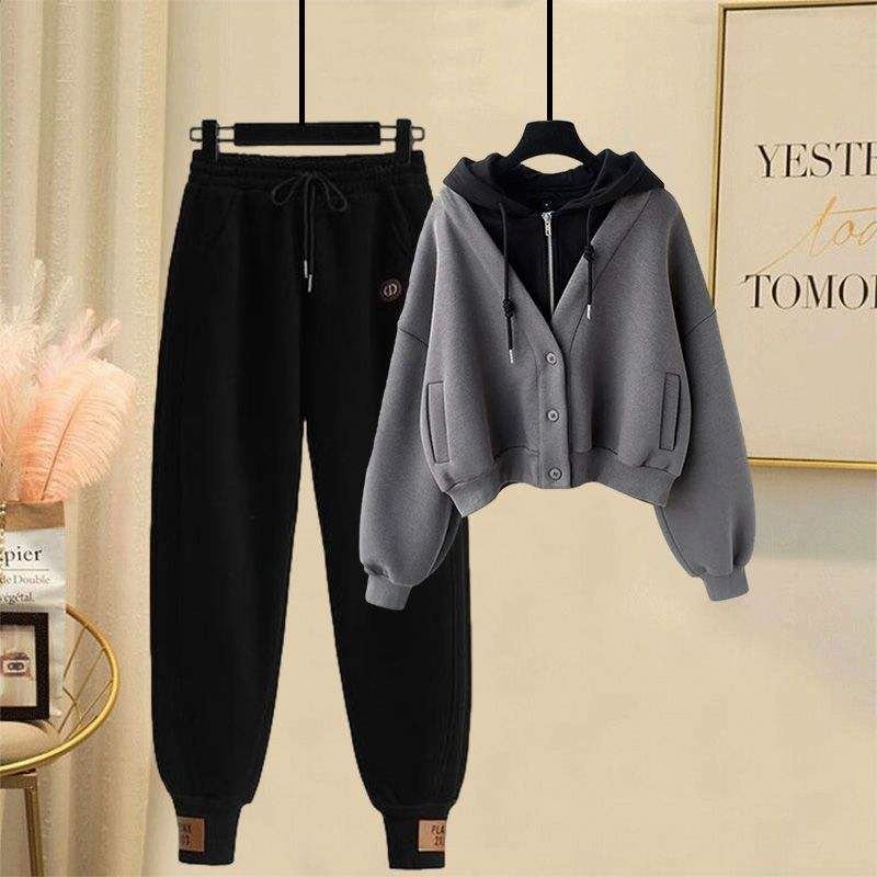 2023 Custom women's stacked jogging hoodie set sportswear spring and winter style plus fleece sports leisure suit