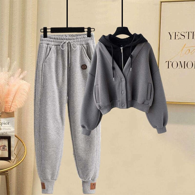 2023 Custom women's stacked jogging hoodie set sportswear spring and winter style plus fleece sports leisure suit