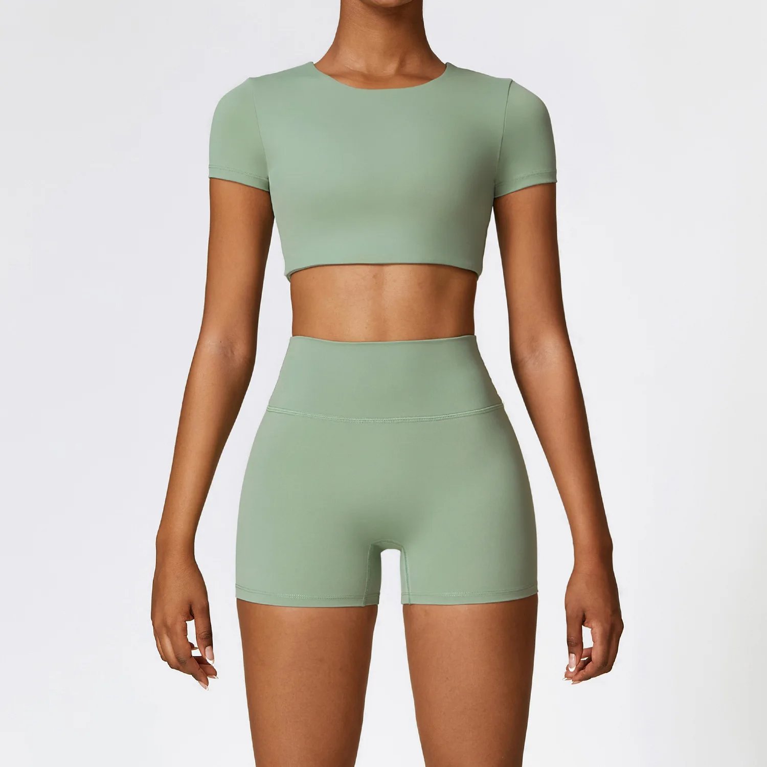 Women Open Back Top High Waist Shorts Yoga Suit Lady Short Sleeve Tee Tight Pant Gym Sets Female High Stretch Sports Tracksuit
