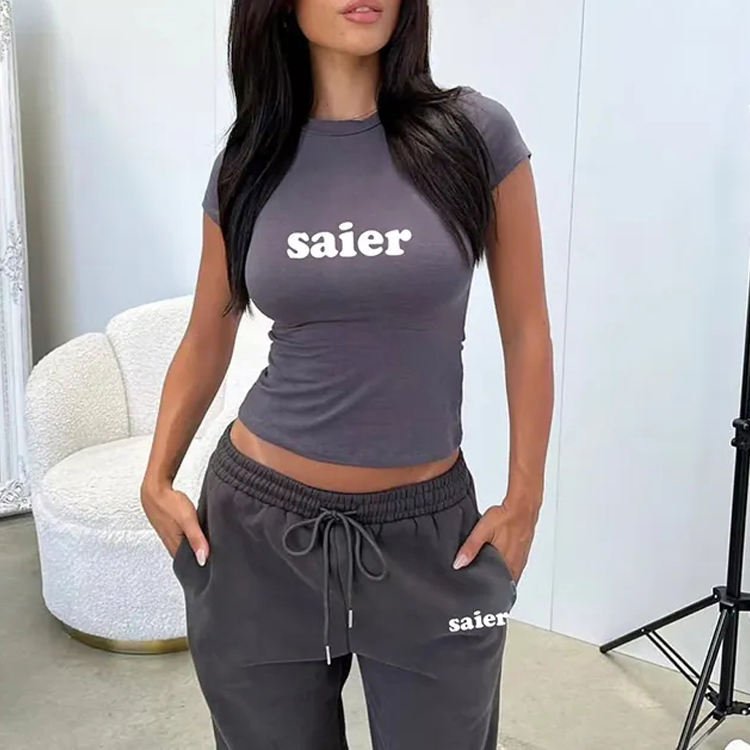 2 Piece Set Women Autumn Women's Clothing Fall Ribbed Crop Tank Top Short Sleeve Joggers Set