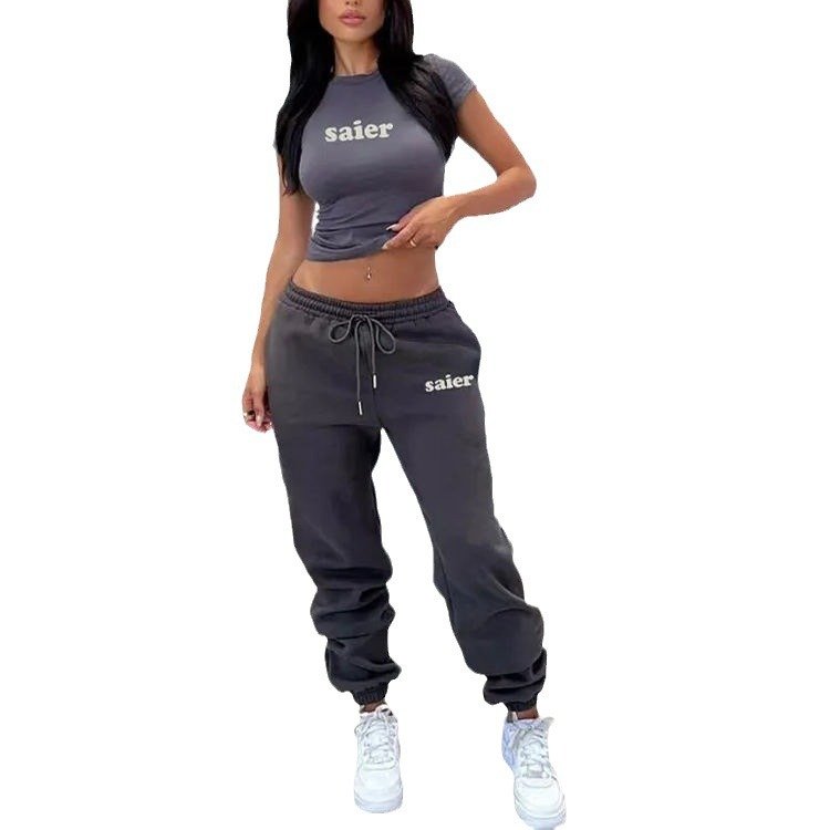 2 Piece Set Women Autumn Women's Clothing Fall Ribbed Crop Tank Top Short Sleeve Joggers Set