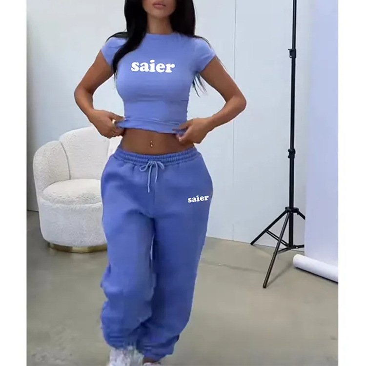 2 Piece Set Women Autumn Women's Clothing Fall Ribbed Crop Tank Top Short Sleeve Joggers Set