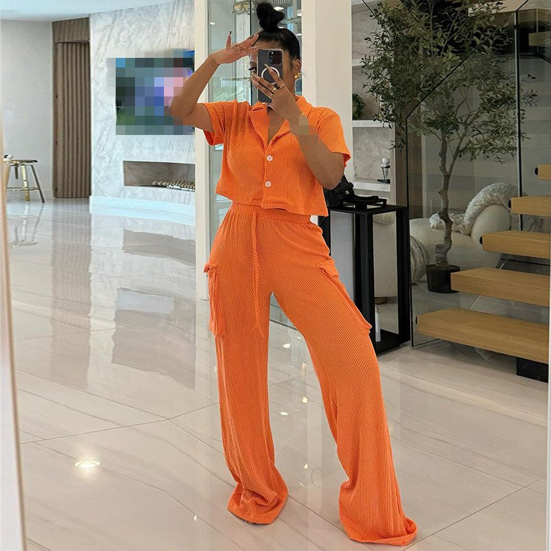 Wholesale Lady Casual Solid Plain Blouse Top Straight Pant 2 Piece Set Two Piece Pants Set Women Clothing 2 Piece Set Women