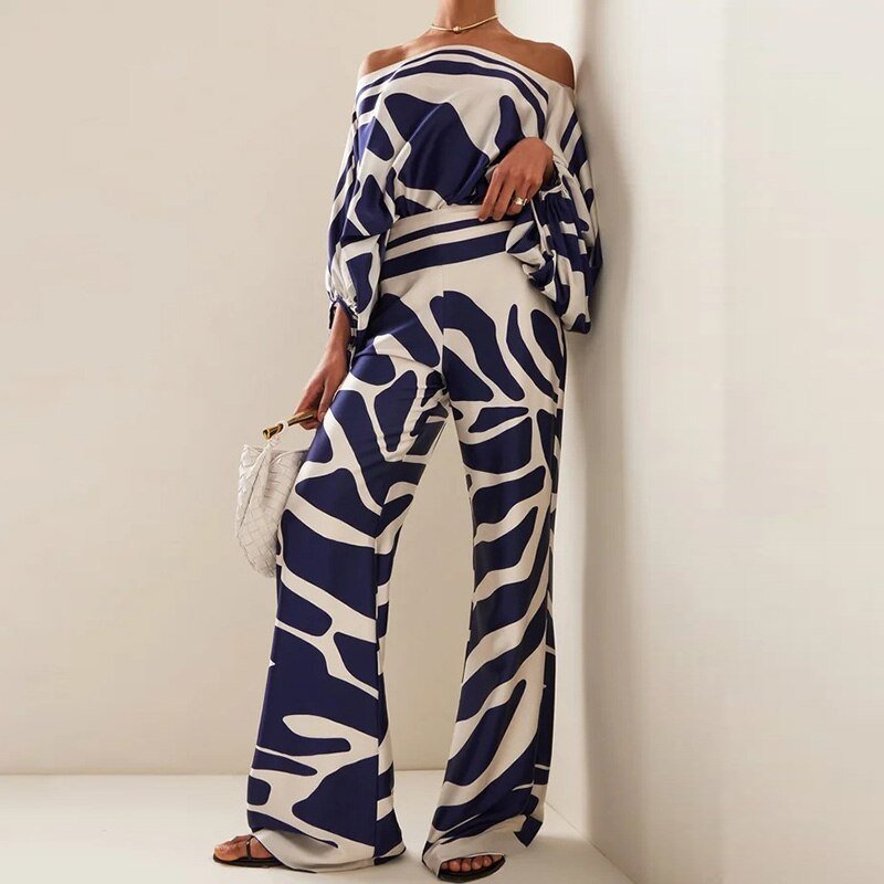 spring fall women clothing ladies printed casual loose top long wide leg pants fashion suit two piece women's sets