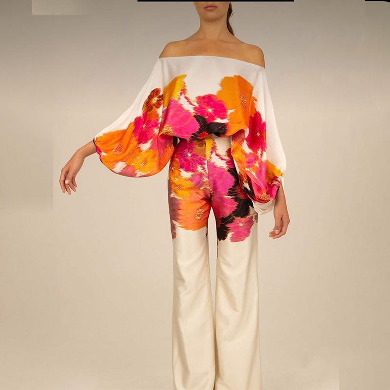 spring fall women clothing ladies printed casual loose top long wide leg pants fashion suit two piece women's sets