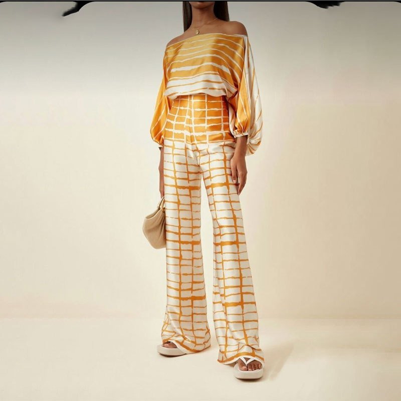 spring fall women clothing ladies printed casual loose top long wide leg pants fashion suit two piece women's sets