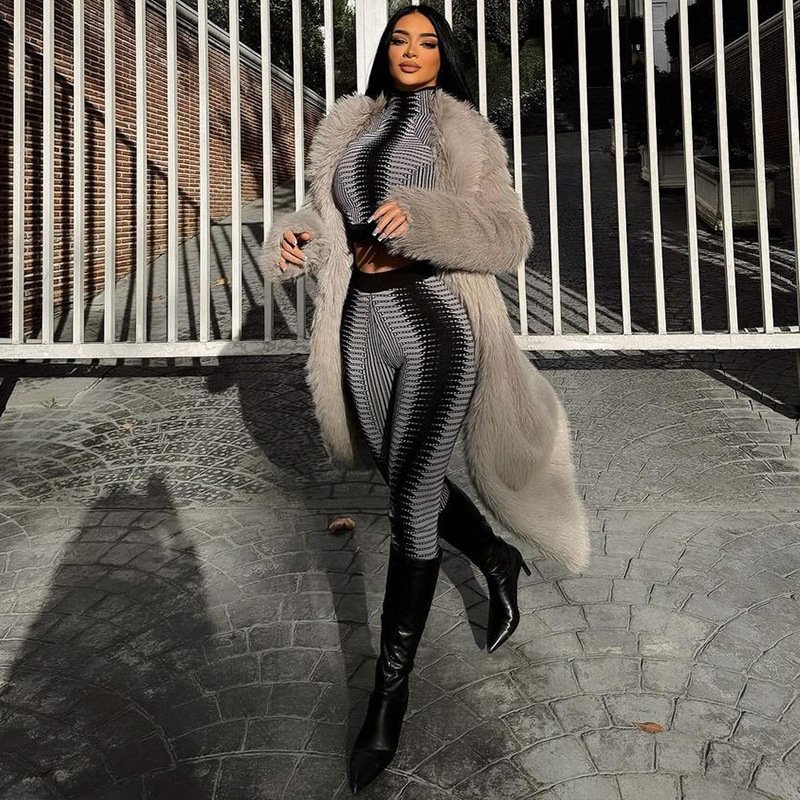 2024 Casual Autumn Winter Women's Set Print Long Sleeve Crop Top Package Hip Skinny Maxi Pants 2 Piece Set For Women