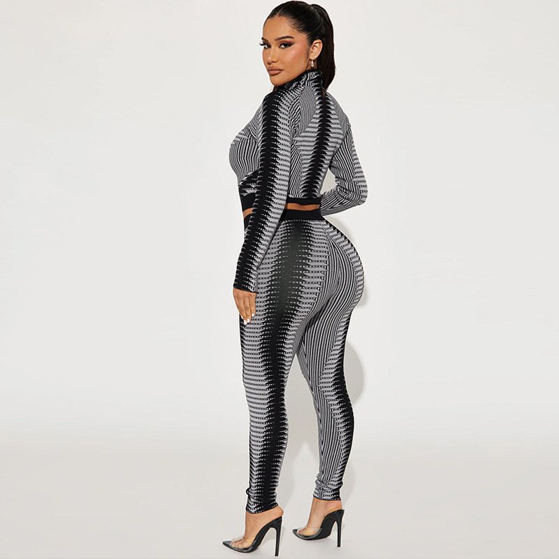 2024 Casual Autumn Winter Women's Set Print Long Sleeve Crop Top Package Hip Skinny Maxi Pants 2 Piece Set For Women