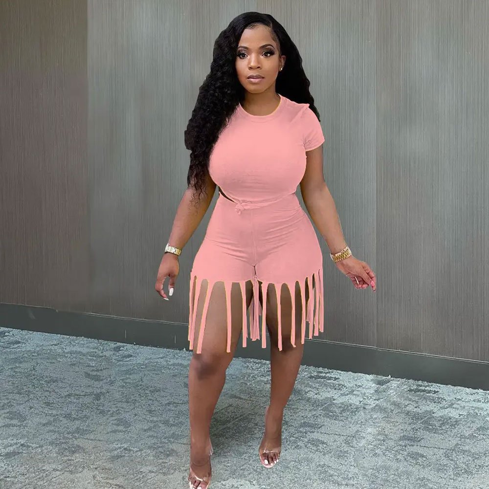 Plus Size Women'S Sets Clothing S-5Xl Cute Tassel Shorts 2 Piece Set Women Biker Shorts Set Summer Two Piece Outfits For Women