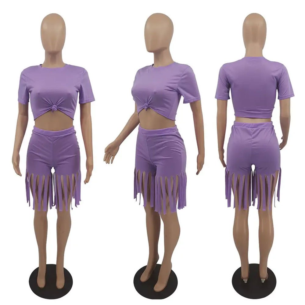 Plus Size Women'S Sets Clothing S-5Xl Cute Tassel Shorts 2 Piece Set Women Biker Shorts Set Summer Two Piece Outfits For Women