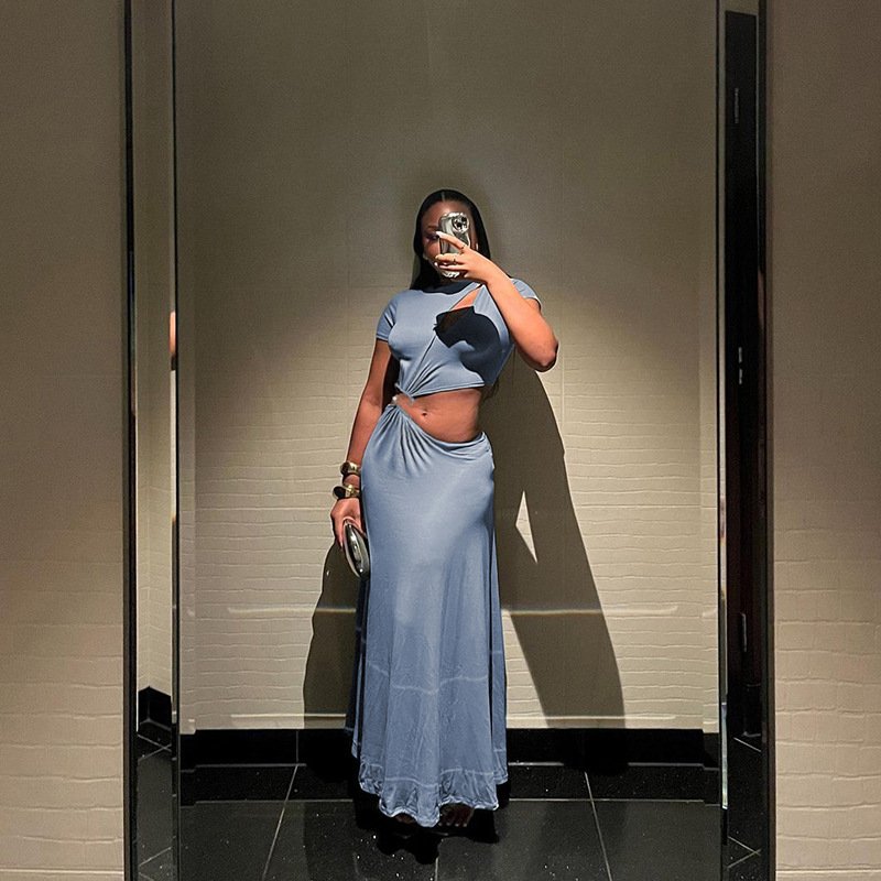 DL8196 2024 summer women's personality street short-sleeved round neck fashion sexy crop hollow skirt two-piece set