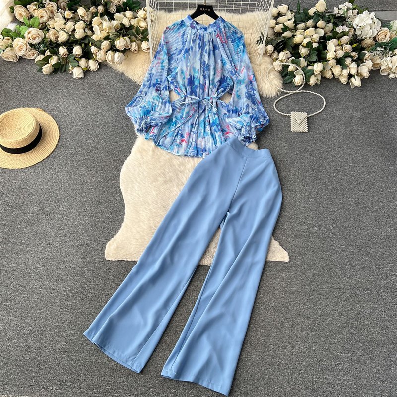 Vintage Solid Color Temperament Loose Printed Long Sleeve Pleated Single Shirt+High Waist Wide Leg Pants Two Piece Set