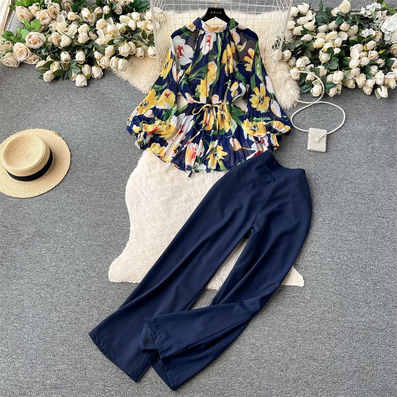 Vintage Solid Color Temperament Loose Printed Long Sleeve Pleated Single Shirt+High Waist Wide Leg Pants Two Piece Set