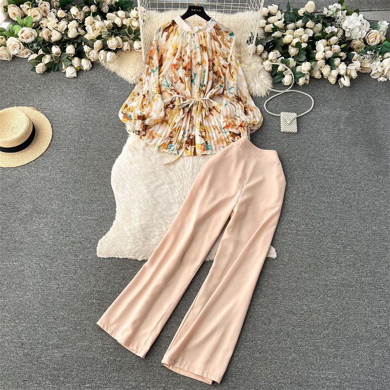 Vintage Solid Color Temperament Loose Printed Long Sleeve Pleated Single Shirt+High Waist Wide Leg Pants Two Piece Set