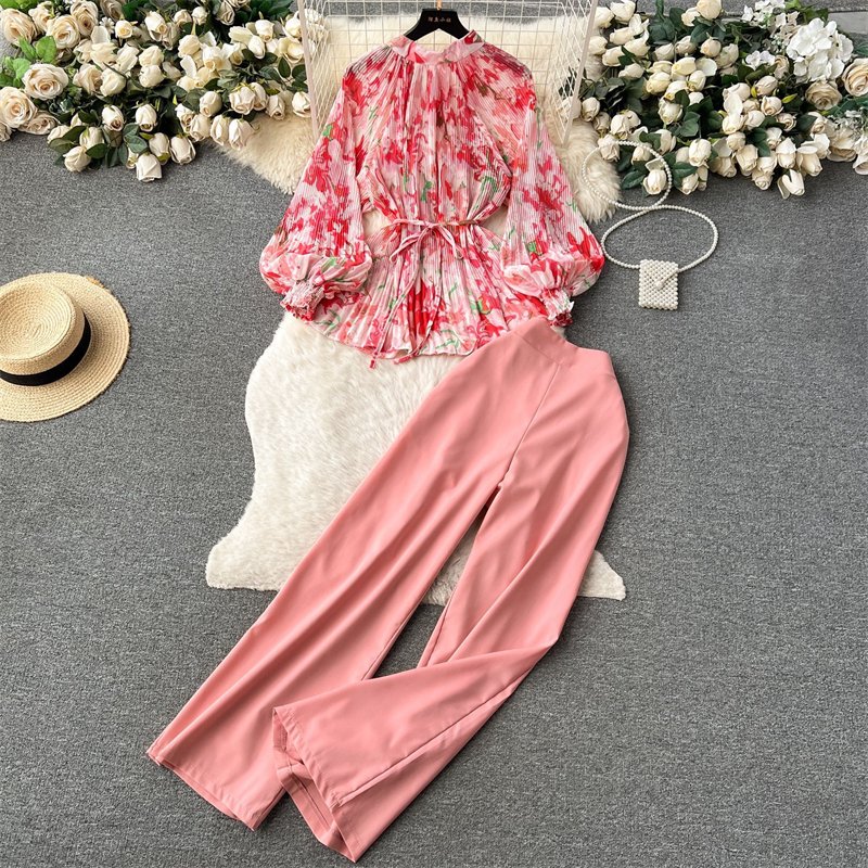 Vintage Solid Color Temperament Loose Printed Long Sleeve Pleated Single Shirt+High Waist Wide Leg Pants Two Piece Set