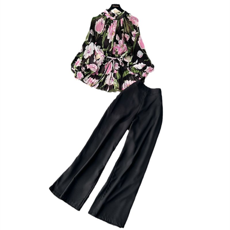 Vintage Solid Color Temperament Loose Printed Long Sleeve Pleated Single Shirt+High Waist Wide Leg Pants Two Piece Set