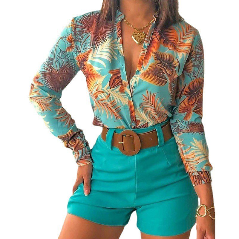 New women sets women 's suit V neck long sleeved floral top printed blouse shirt shorts sets