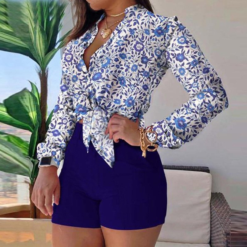 New women sets women 's suit V neck long sleeved floral top printed blouse shirt shorts sets