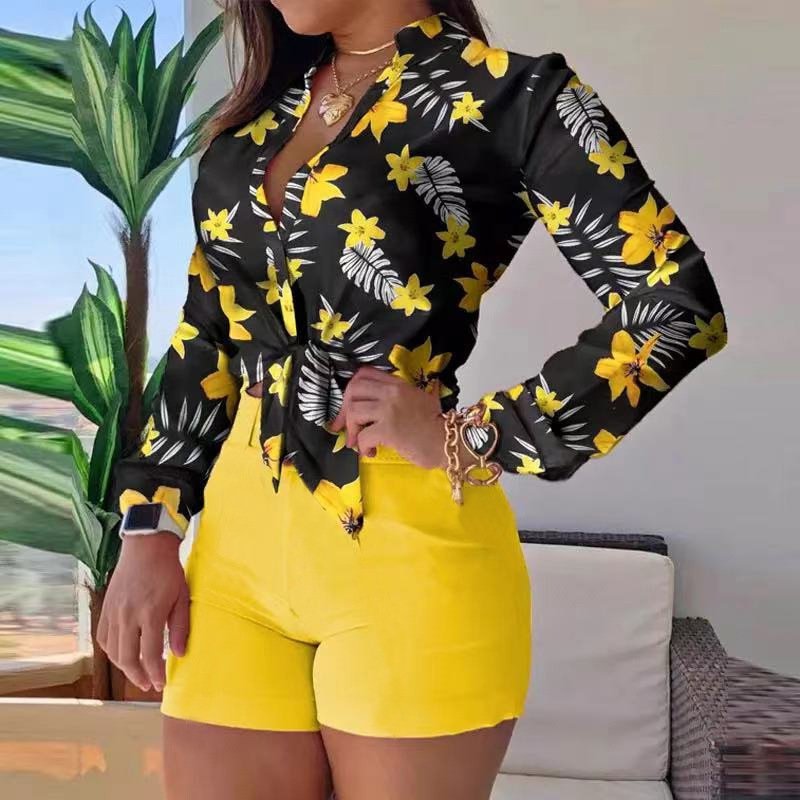 New women sets women 's suit V neck long sleeved floral top printed blouse shirt shorts sets