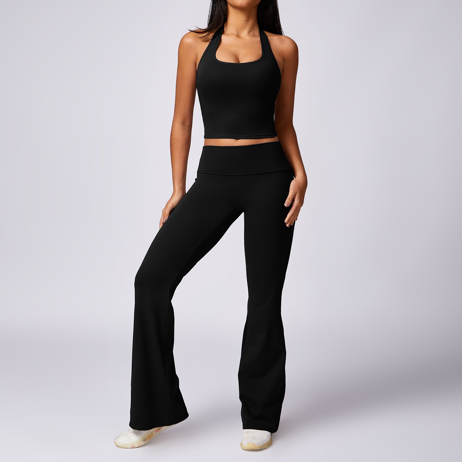 Women's Fitness Wear Moisture Wicking Halter Neck Singlet Tank Top With Super High Waist Flared Pants Gym Set