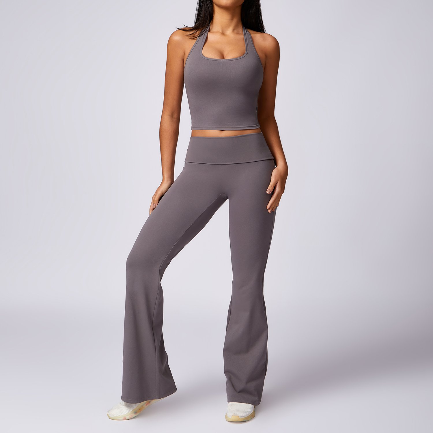 Women's Fitness Wear Moisture Wicking Halter Neck Singlet Tank Top With Super High Waist Flared Pants Gym Set