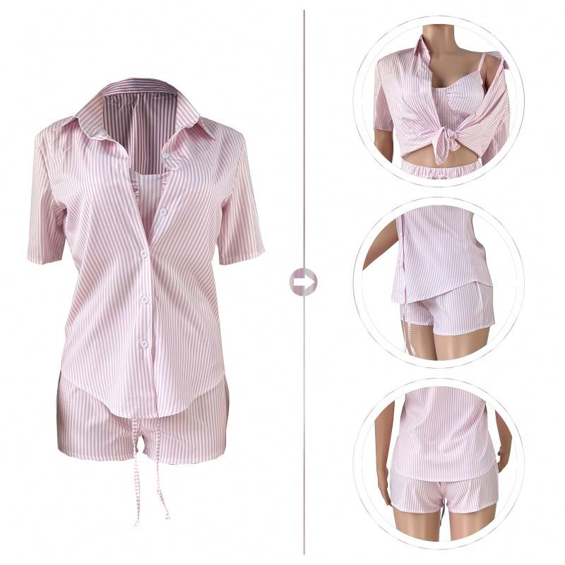 2022 Stripe Fuzzy Soft Robe Top Pants Shorts Lounge Wear Women's Sets Casual 3 Piece Shorts Sets