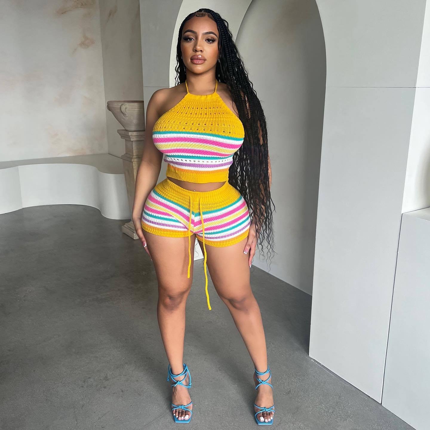 Casual 2 Piece Set Outfits Women Sexy Stripe Print Knitted Tops and Shorts Tracksuits Two Piece Shorts Set Women's Clothing