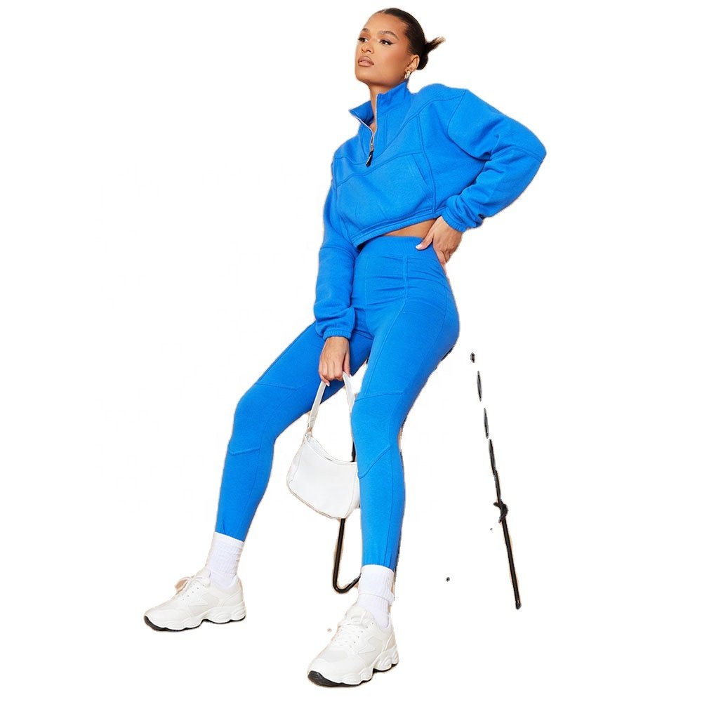 KY Sports Oversized Cropped Female Athletic Sweatshirt with Funnel Neck Zipper Skinny Fit Women's Pockets Leggings Tights Set