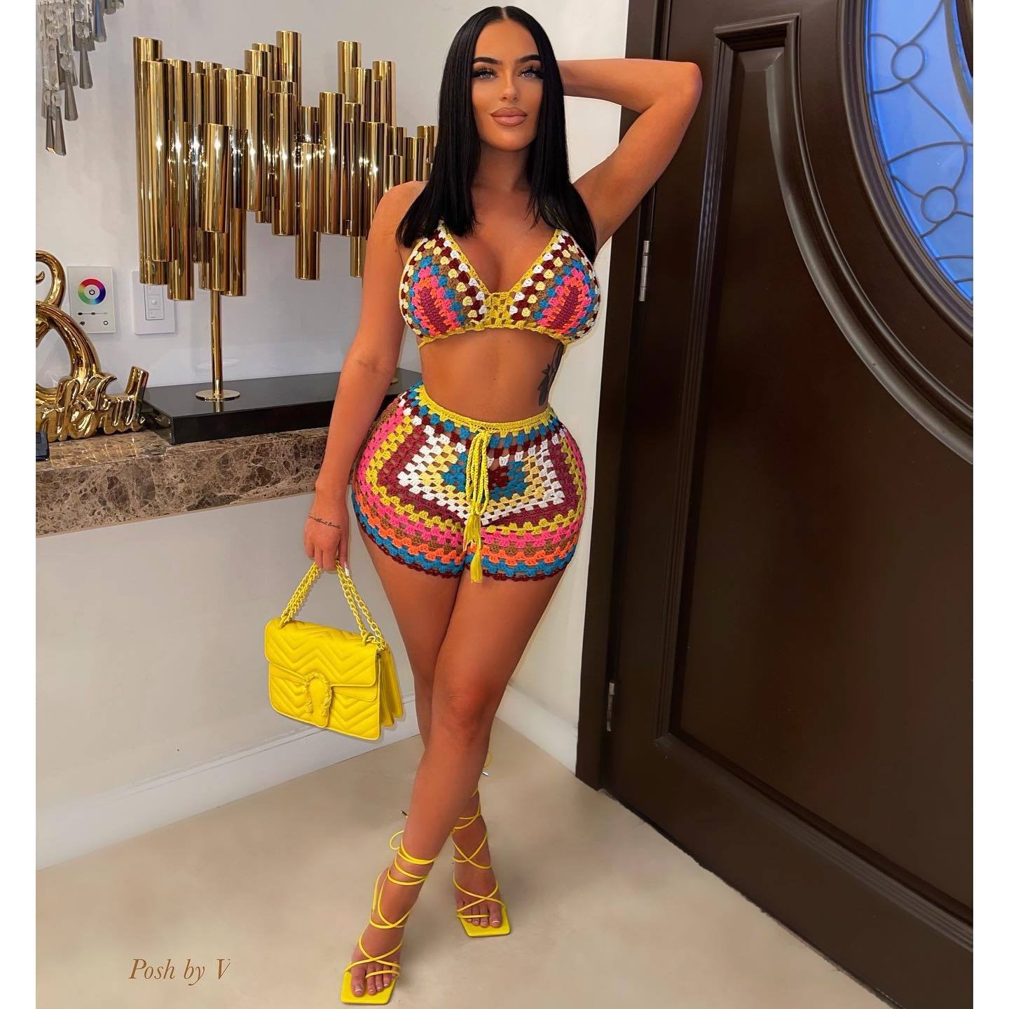 Sexy Vacation Women's Set Summer Color Matching Halter Top And Slim Shorts Suit Comfortable Knit Beach Women Shorts 2 Piece Set