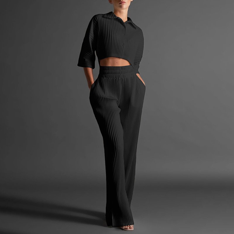 K23S33538 Early Fall Girl Two Pieces Pants Sets Loose Solid 2 Piece Set Women Hollow Out Women's Set