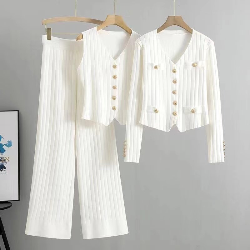 Wholesale 2024 Spring New Single Breasted Cardigan Vest Fashion Casual High Waist Pit Striped Pants Women's Set
