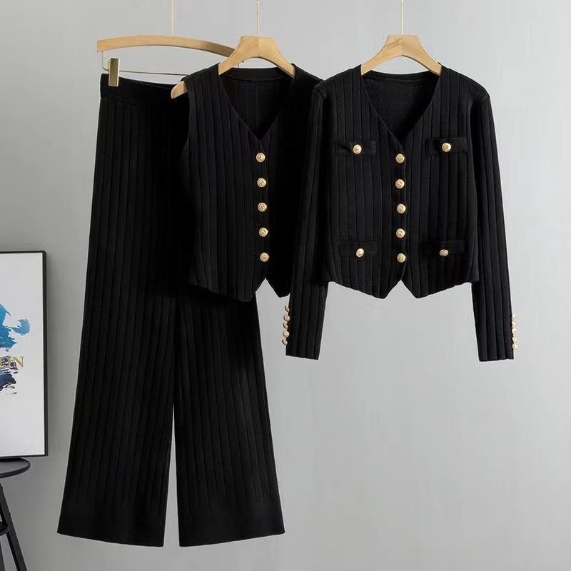 Wholesale 2024 Spring New Single Breasted Cardigan Vest Fashion Casual High Waist Pit Striped Pants Women's Set