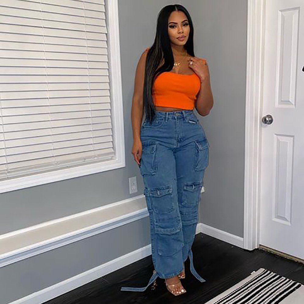 GY117-Women's jeans fashion explosion trend multi-pocket cargo pants Plus size jeans