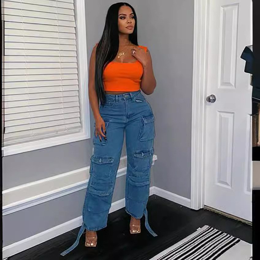 GY117-Women's jeans fashion explosion trend multi-pocket cargo pants Plus size jeans