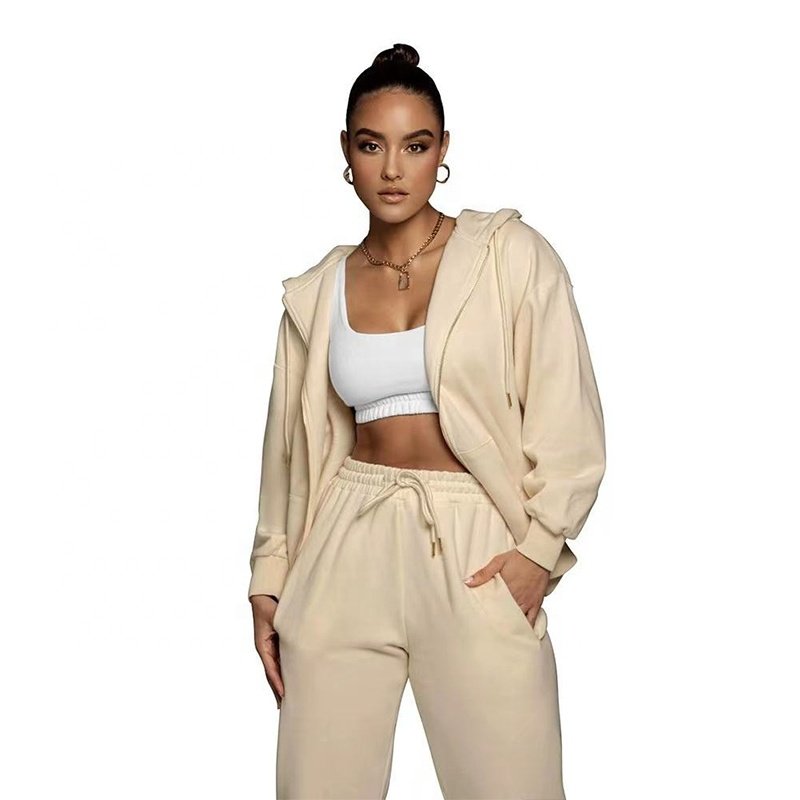 women clothing custom logo french terry bodysuit tracksuits two piece long pant hoodie set outdoorwear 2 piece set for women