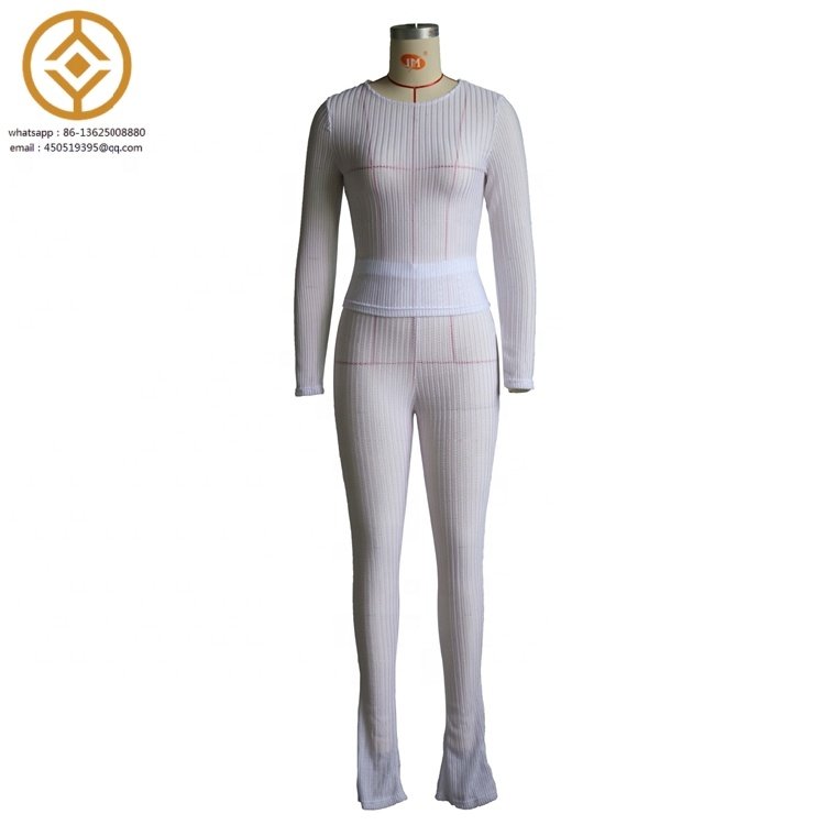 2024 New Spring Solid Color Slim Fit Suit Sexy See Through Women's Set Hollow Out Knitted Two Piece Pants Set