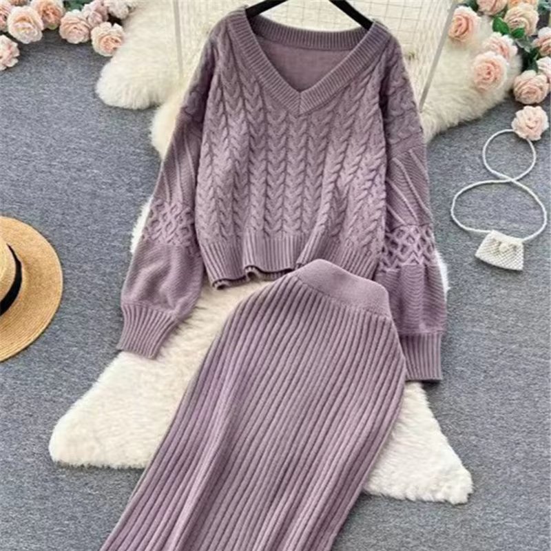 Hot Sale V-neck sweater women's two-piece autumn and winter new lazy twist design loose sweater suit Knit 2 pieces sets