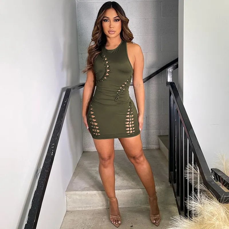 O Neck Solid Hollow Out Sleeveless Crop Top Mini Skirt Women'S Sets 2023
