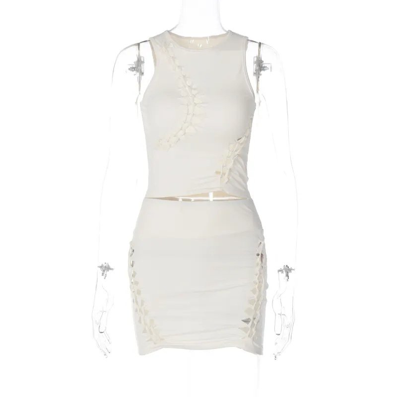 O Neck Solid Hollow Out Sleeveless Crop Top Mini Skirt Women'S Sets 2023