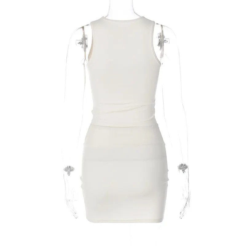 O Neck Solid Hollow Out Sleeveless Crop Top Mini Skirt Women'S Sets 2023