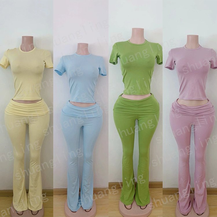 Custom Women Casual Long Sleeve Shirt Foldover Pants Skinny Trousers Soft Leggings Flare Pants For Lounge Wear Women's Sets