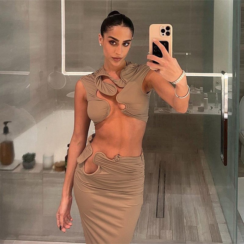 JY sexy 2024 new hollow out sleeveless crop top and skirt 2 piece set solid bodycon casual sexy fashion women's set