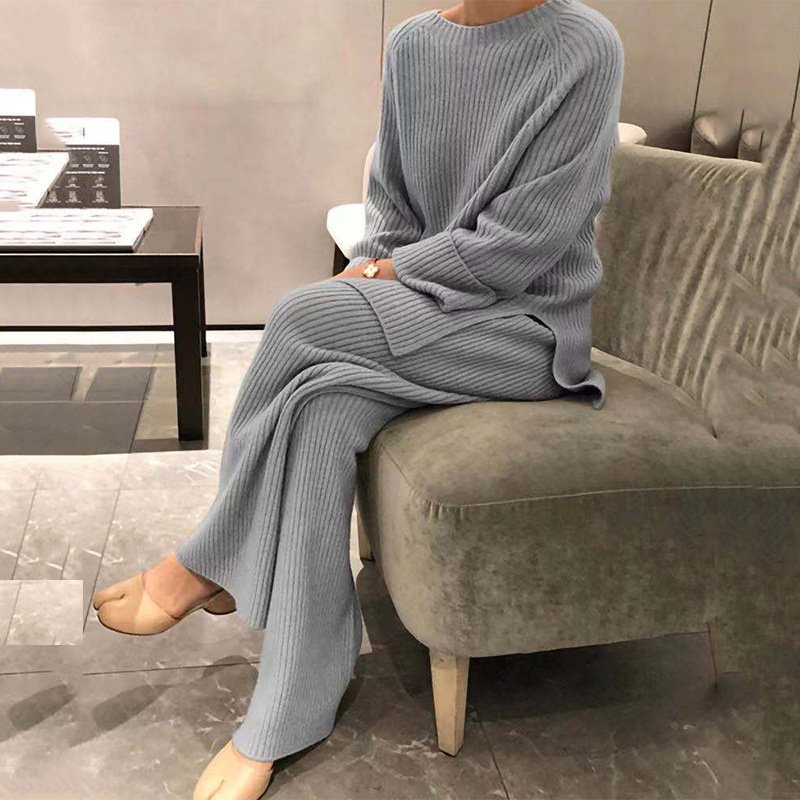fall Best selling women clothing ladies long sleeve solid color knitted casual two piece women's sets knitted sweater
